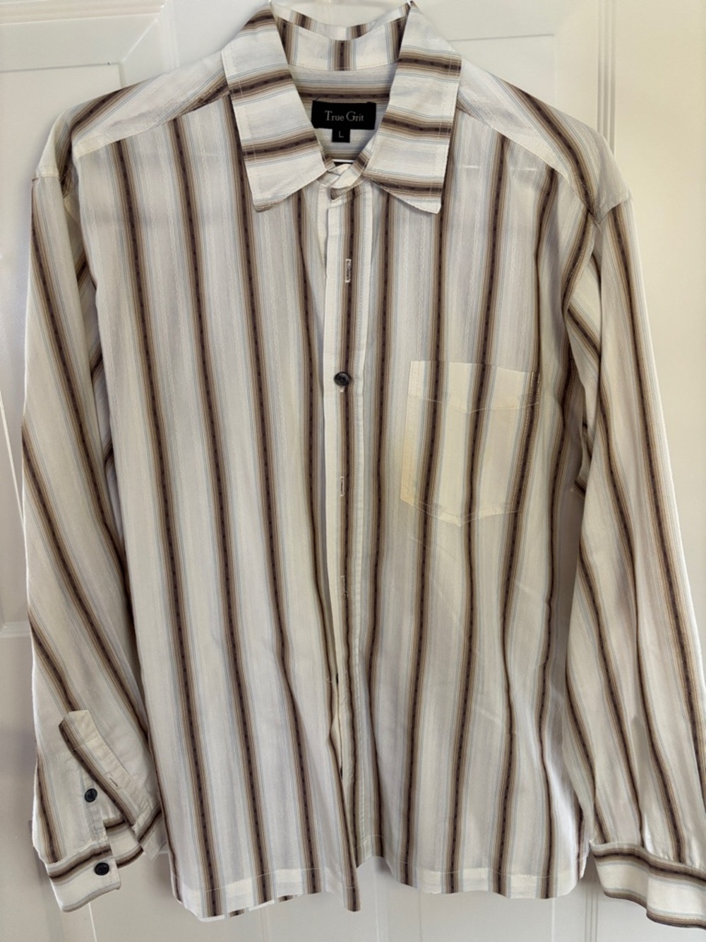 True Grit Men's Cream, Brown and Blue Vertical Stripe Button-Up Shirt